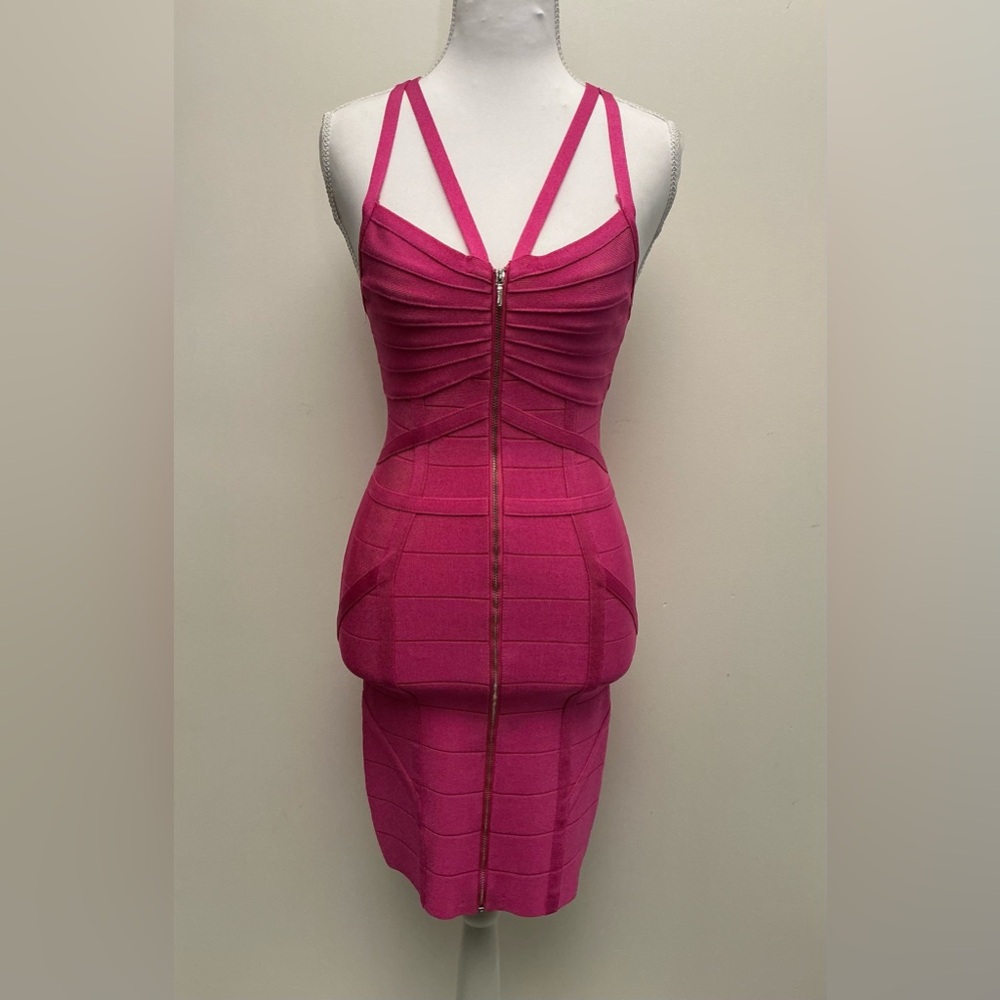 BEBE - Strappy Hot Pink Bandage Mini Dress with Front Zip